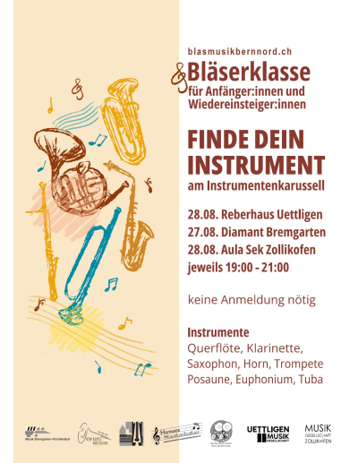 Bläserklasse für Anfänger:innen und Wiedereinsteiger:innen. FINDE DEIN INSTRUMENT am Instrumentenkarussell